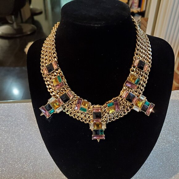 Gorgeous SAM EDELMAN Oversized Gold Plated and Huge Rhinestones Bib Necklace - Picture 1 of 8